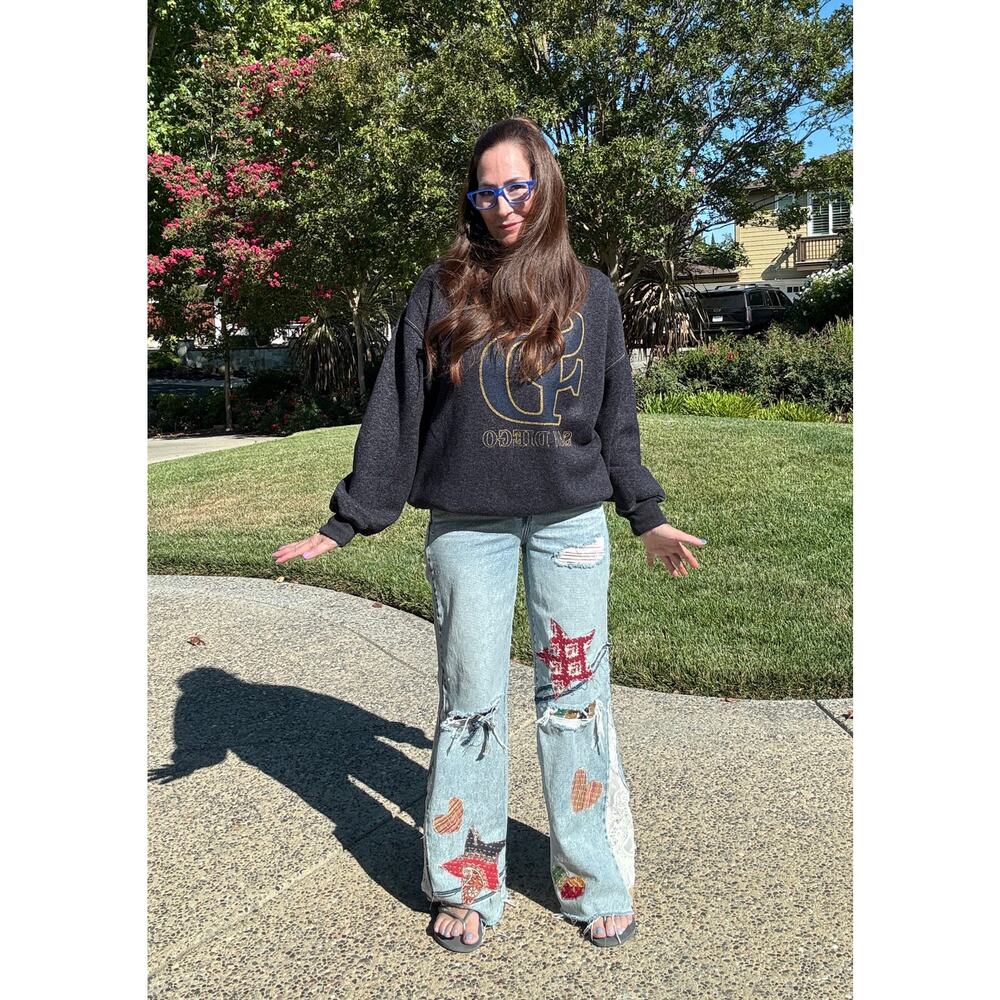 Upcycled Size 24 Hidden Patchwork Appliqu Flared … - image 4